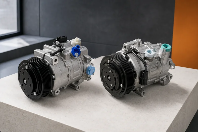 Two unbranded belt-driven A/C compressors with different pulleys, connectors and capped ports