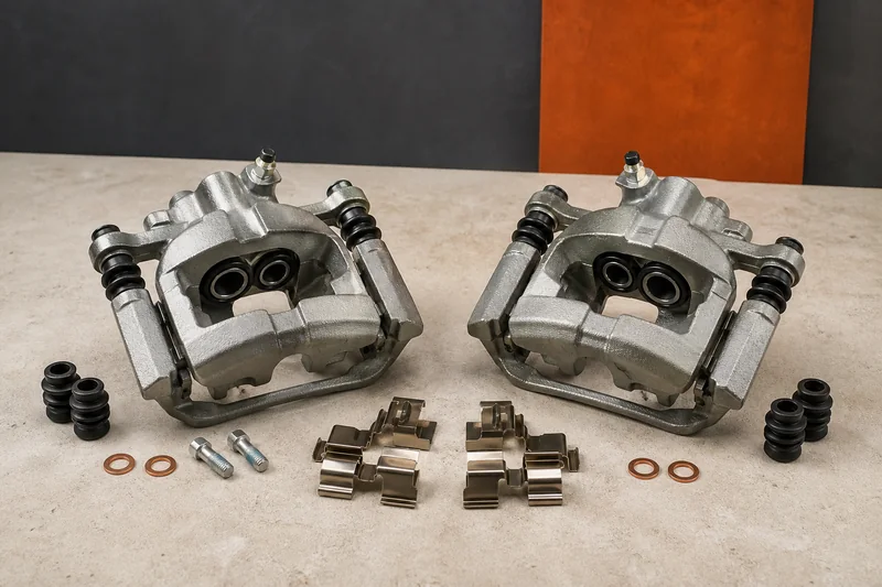 Physical left and right floating brake calipers with slide-pin carriers, rubber boots and hardware