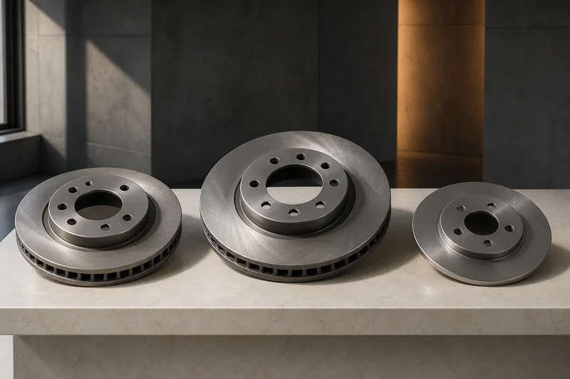 Three unbranded brake discs showing standard front, performance front and rear construction differences
