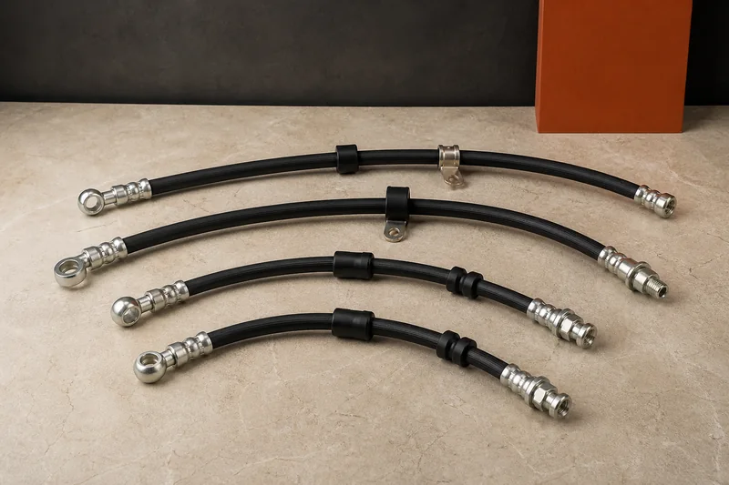 Physical set of flexible brake hoses with crimped fittings, banjo ends, retaining clips and sleeves