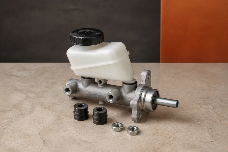 Physical tandem brake master cylinder with aluminum body, translucent reservoir, cap, grommets and mounting nuts