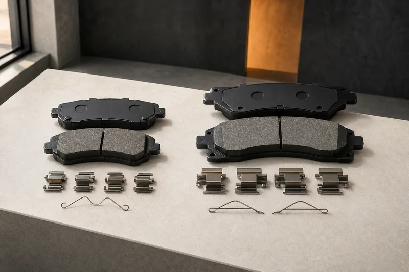 Two unbranded front brake-pad sets with different backing plates and installation hardware