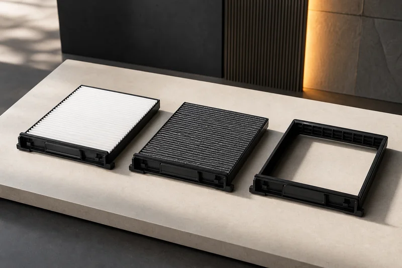 Unbranded particulate and activated-carbon cabin filters beside an empty tray frame
