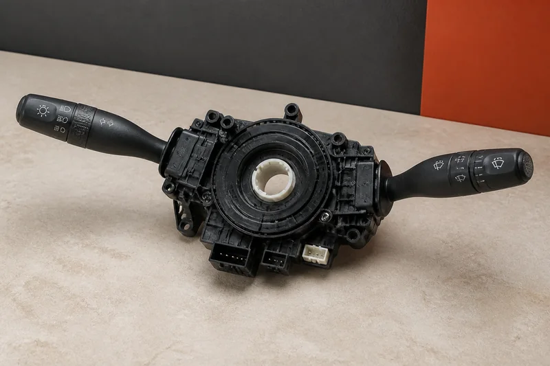 Physical steering-column switch assembly with turn and wiper stalks, clockspring housing, connectors and collar