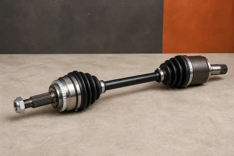 Physical complete front CV axle with inner joint, outer splined joint, rubber boots, clamps and axle nut