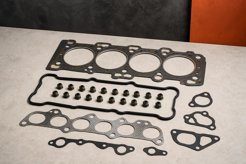 Physical multilayer steel cylinder head gasket with cylinder bores, valve-stem seals and smaller upper-engine gaskets