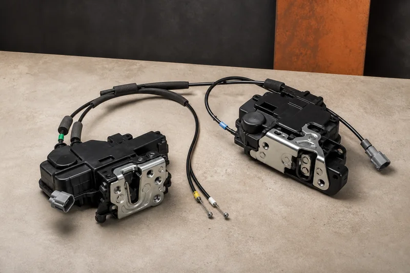 Physical door latch and power-lock actuator modules with steel latches, molded housings, cables and connectors