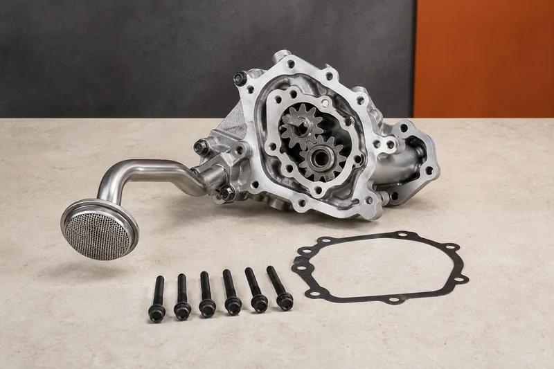Physical machined aluminum engine oil pump assembly with gear cavity, pickup tube, gasket and mounting bolts