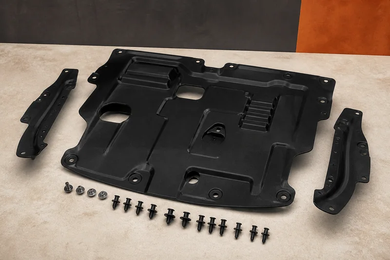 Physical molded engine splash shield with vents, service openings, side deflectors and fastener clips