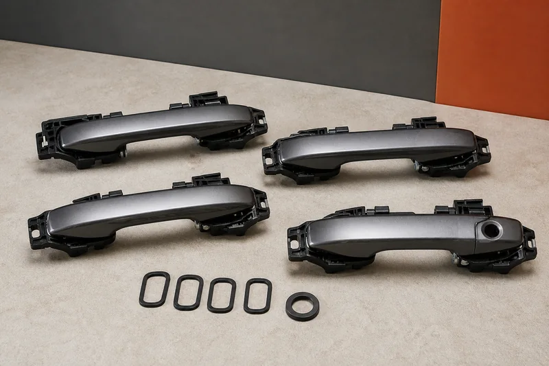 Physical set of four exterior pull handles with mounting carriers, key-cylinder opening and gaskets