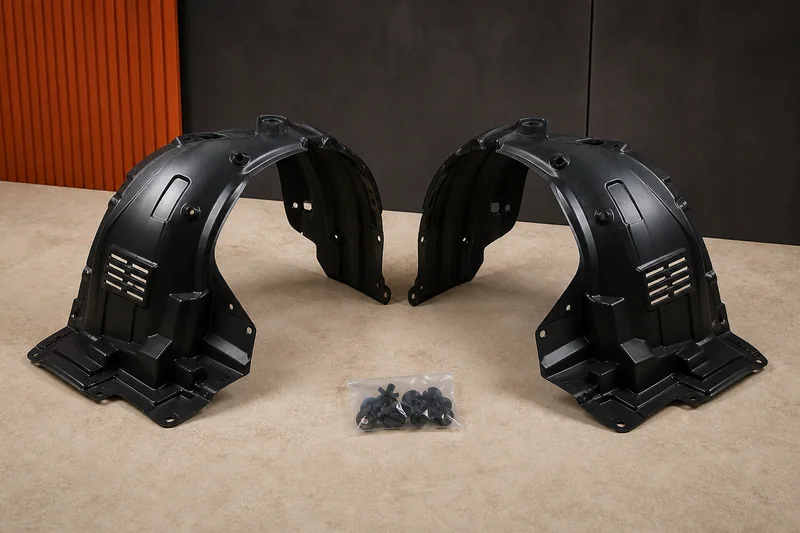 Physical left and right molded wheelhouse fender liners with vents, mounting holes and clip set