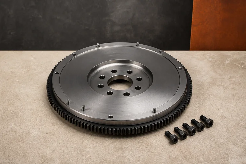 Physical machined steel flywheel with toothed starter ring, clutch face and mounting bolts