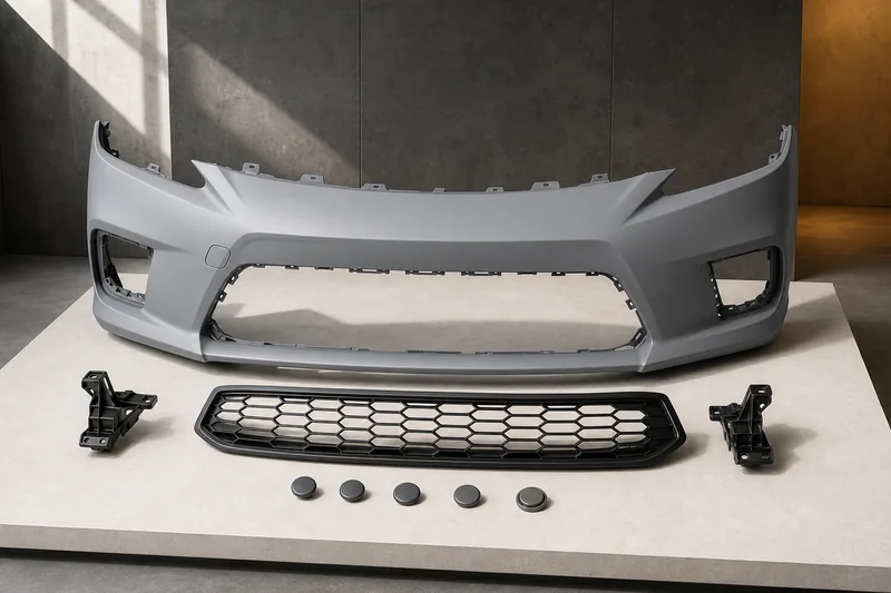 Unbranded primer front bumper cover with grille insert, sensor plugs and side brackets