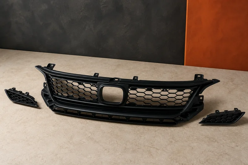 Physical black honeycomb front grille with lower trim, mounting tabs and separate side inserts
