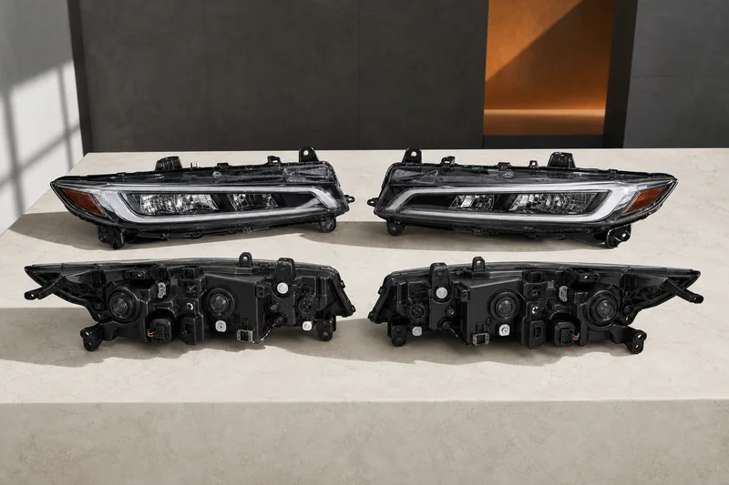 Unbranded left and right slim headlamp assemblies with different rear equipment and mounting tabs
