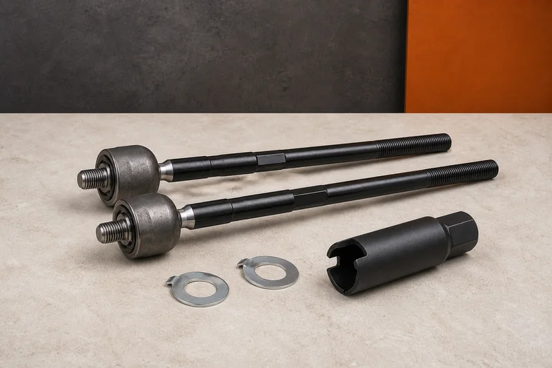 Physical pair of long inner steering tie rods with axial sockets, threaded ends, locking washers and installation tool