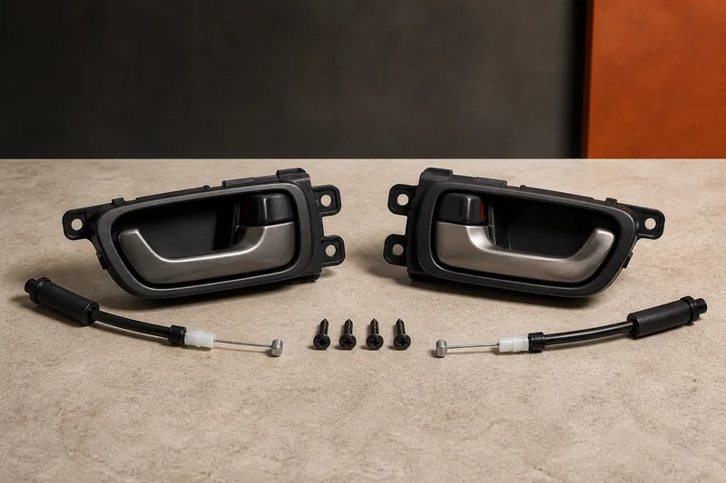 Physical left and right interior release handles with satin levers, black bezels, short cables and screws