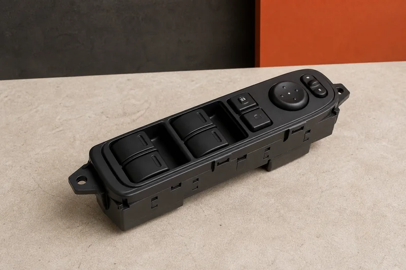 Physical driver master power-window switch with four rockers, lock control, mirror pad and keyed connector housing
