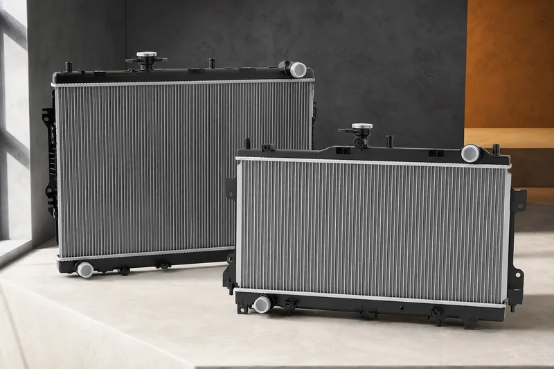 Two unbranded radiator assemblies with different port positions and protected fin cores