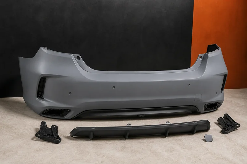 Physical primer-gray rear bumper cover with sensor openings, reflector recesses, lower valance and side brackets