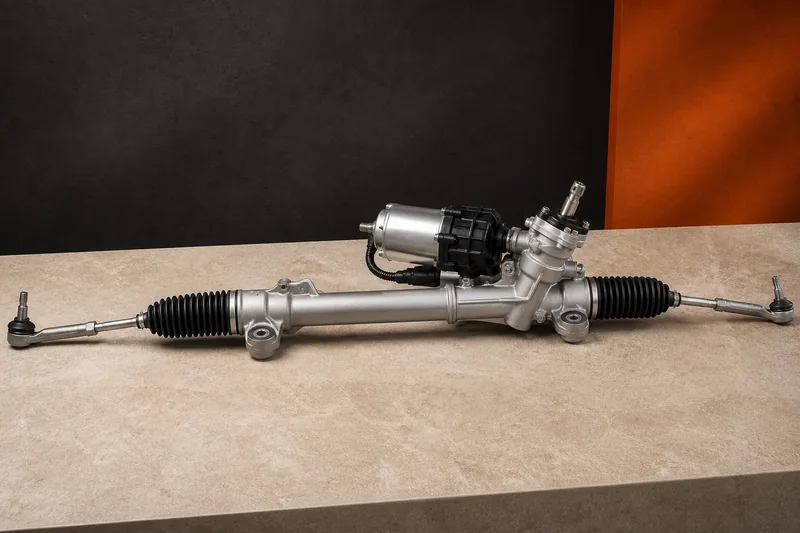 Physical electric rack-and-pinion steering gear with motor, control housing, inner tie rods and bellows boots