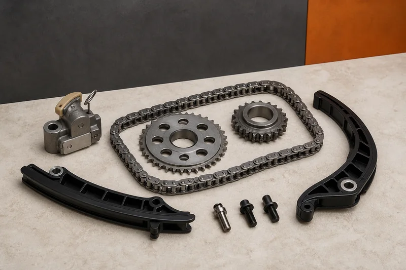 Physical timing chain kit with roller chain, machined sprockets, curved guides, hydraulic tensioner and fasteners