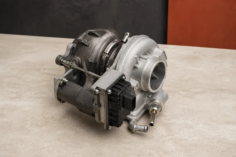 Physical compact turbocharger with cast turbine housing, compressor housing, electronic actuator and capped fluid fittings