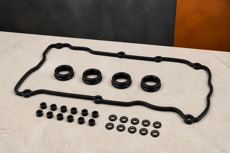 Physical molded valve cover gasket, circular tube seals, bolt grommets and sealing washers