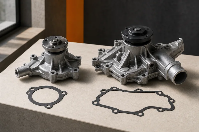 Two unbranded water pumps with different housings, bolt patterns and separate gaskets