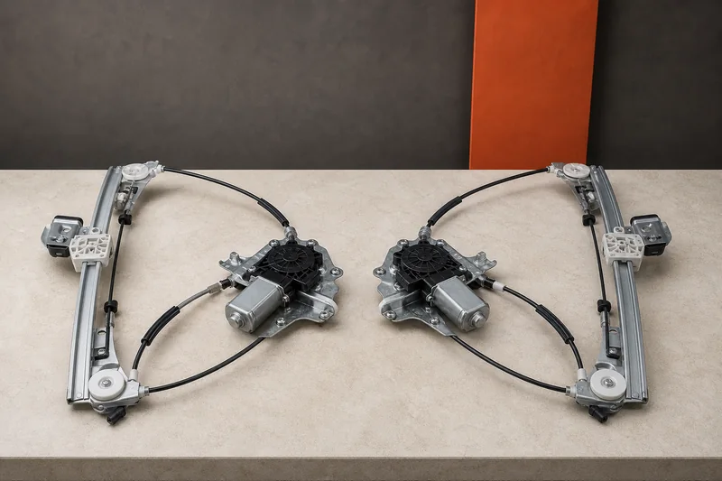 Physical pair of cable-driven window regulators with guide rails, drums, electric motors and glass clamps