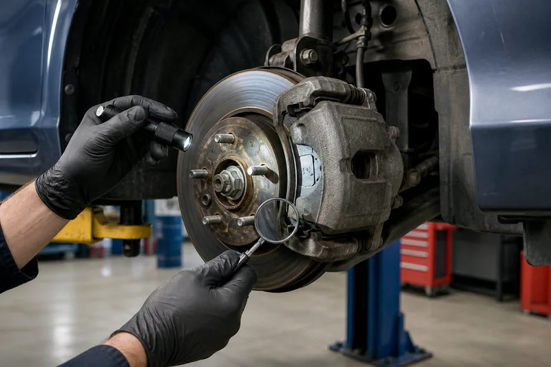 Safely supported compact-car front brake with disc, caliper, pad edge and hub inspected using a flashlight and mirror