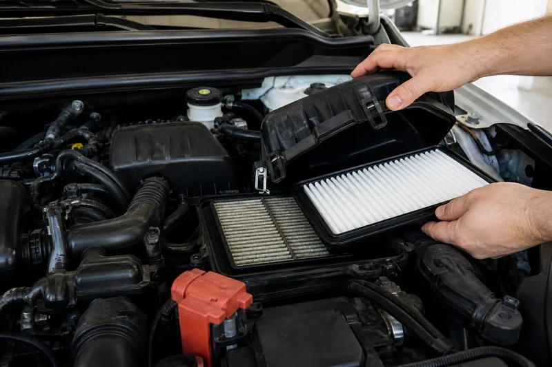 Hands comparing dirty and clean rectangular engine air filters at an unbranded compact-car airbox