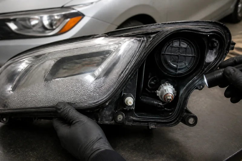 Compact-car headlamp lens with light moisture inspected at the rear vent, connector and perimeter seam