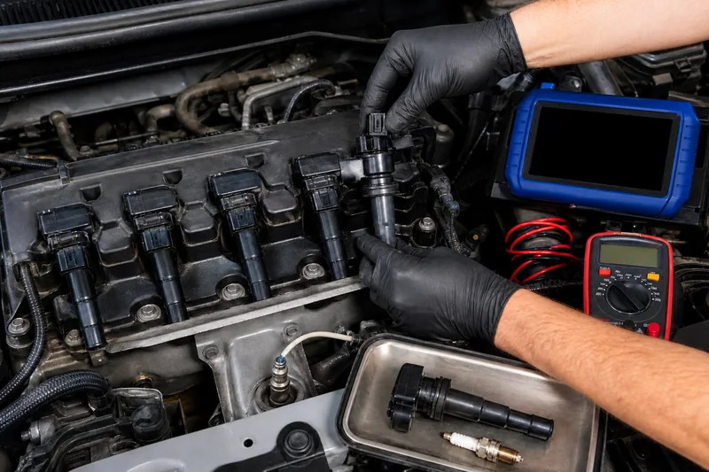 Technician inspecting compact-car coil-on-plug units with removed coil, spark plug, scan tool and multimeter