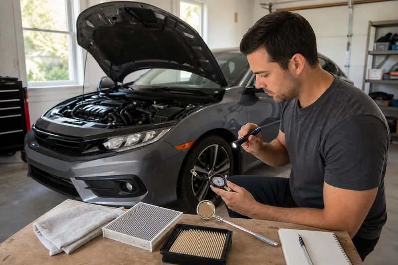 Owner inspecting an unbranded compact hatchback with tire gauge, flashlight, filters, cloth and maintenance notebook