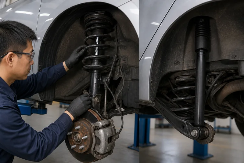 Technician inspecting compact-car front strut and rear shock with wheel removed and vehicle safely supported