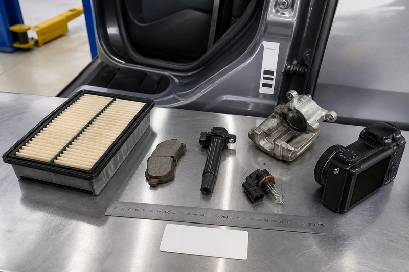 Compact-car parts identification bench with filter, brake pad, ignition coil, lamp connector, caliper and camera