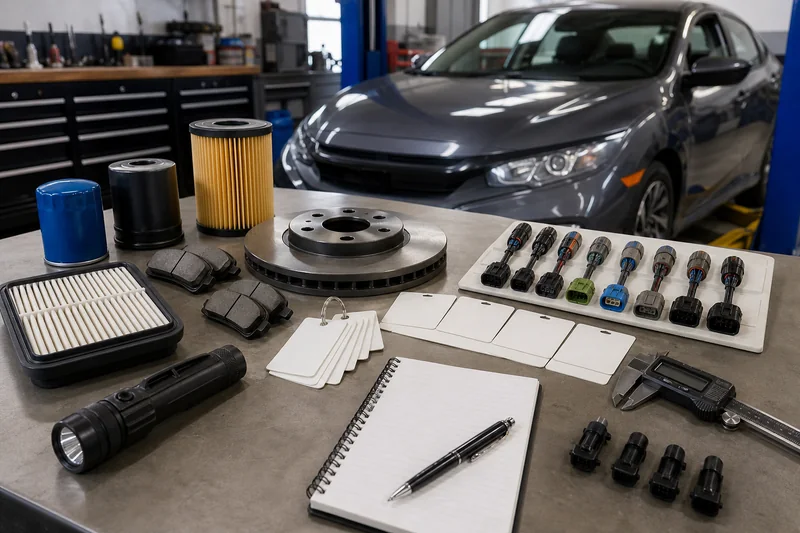 Honda Civic maintenance and parts inspection scene with filters, brake parts, lamp, tools and a compact car