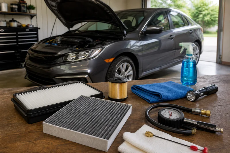 Routine compact-car maintenance preparation with filters, tire gauge, flashlight, cloth and service tools