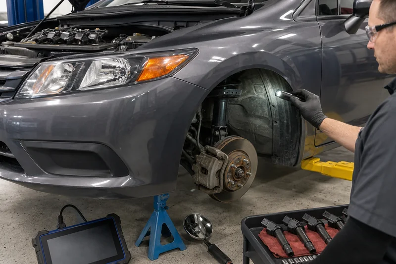 Safely supported compact car with brake, strut, headlamp and ignition components arranged for inspection