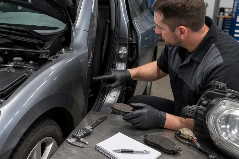 Technician comparing a compact-car door label area, engine evidence, brake pad and headlamp connector with measurement tools