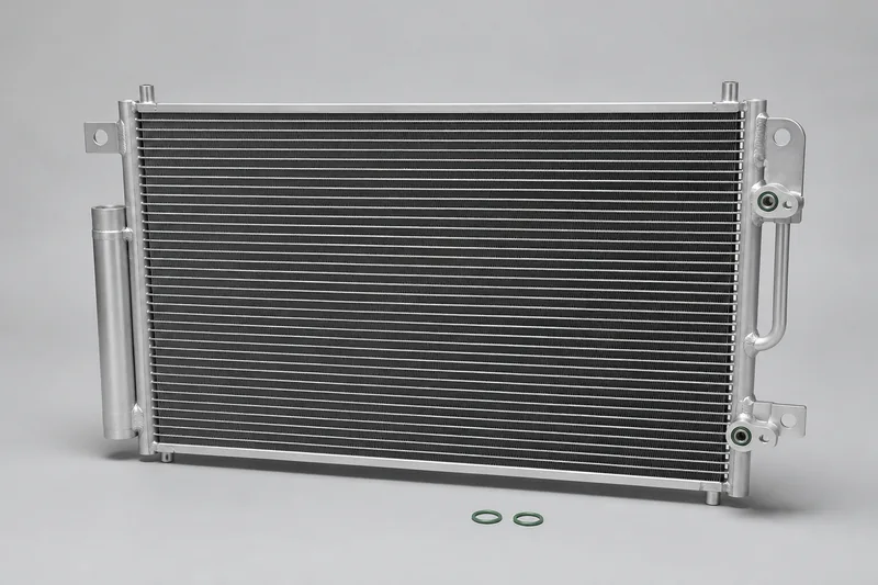 Unbranded automotive A/C condenser with dense aluminum fins, side tanks, mounting tabs, capped ports and O-rings