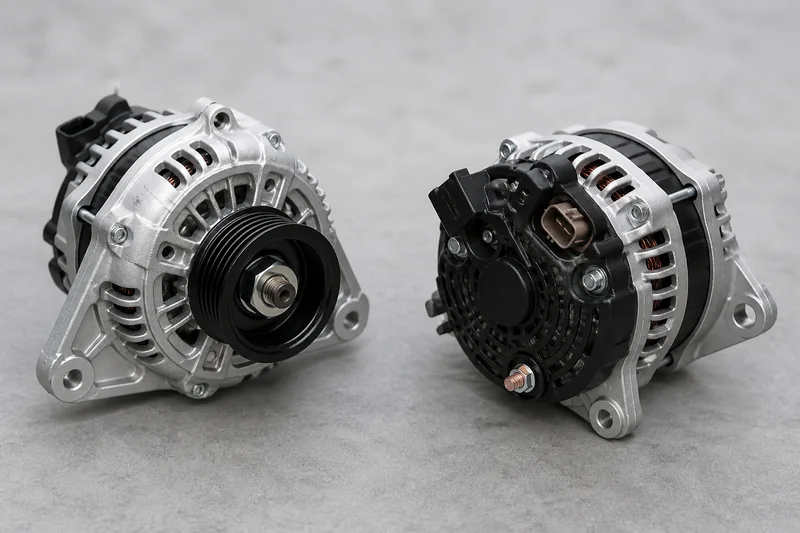 Two unbranded compact automotive alternators with multi-rib pulleys, vented housings, regulators and terminals