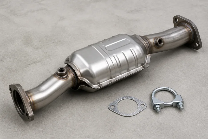 Unbranded catalytic converter assembly with heat shield, flanges, sensor bungs, gasket and clamps