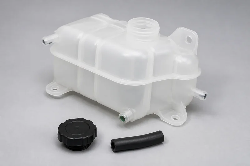 Unbranded translucent coolant expansion tank with molded level marks, pressure cap, ports and mounting tabs