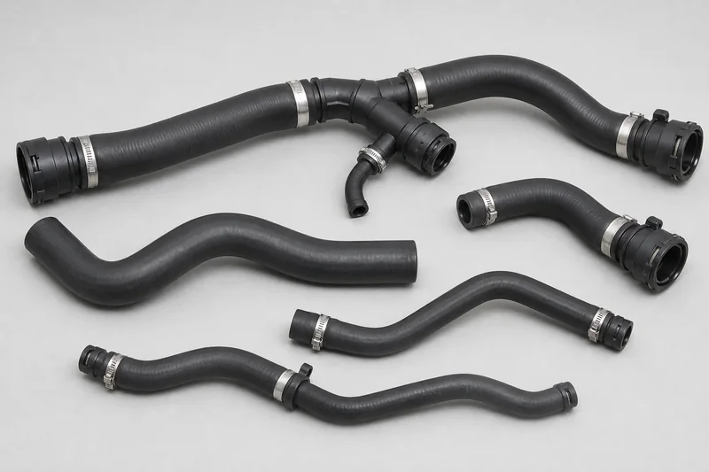 Unbranded molded automotive coolant hose set with branch junctions, quick connectors and spring clamps