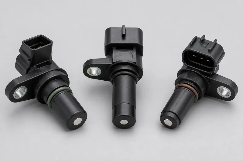 Three unbranded crankshaft position sensors with probes, O-rings, mounting tabs and keyed connectors