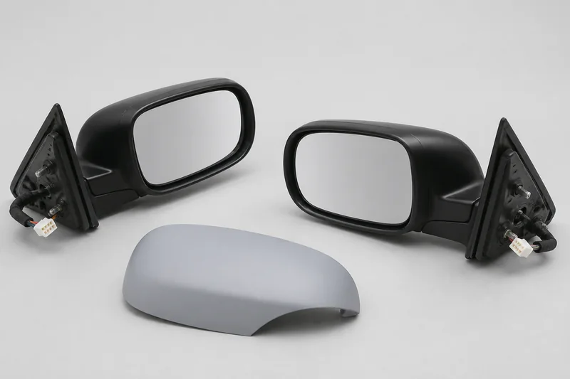 Left and right unbranded exterior door mirror assemblies with glass, housings, mounting triangles, hinges, connectors and primer cap