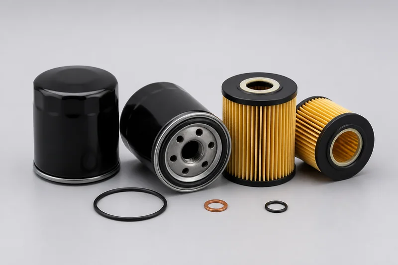 Unbranded spin-on and cartridge engine oil filters with sealing rings and filter media visible