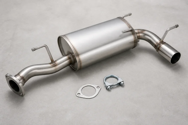 Unbranded compact-car exhaust muffler with silencer body, inlet and outlet pipes, welded hangers, gasket and clamp